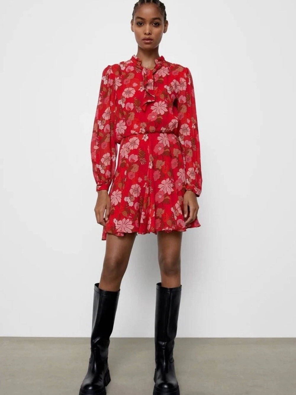 Zara Red Floral Long-Sleeve Mini Dress